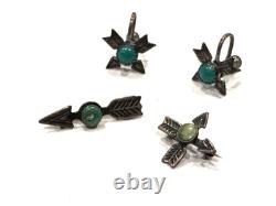 Arrows Turquoise Green Fred Harvey Era Sterling Silver Earrings & 2 Pins Lot Arrows Turquoise Green Fred Harvey Era Sterling Silver Earrings & 2 Pins Lot