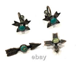 Arrows Turquoise Green Fred Harvey Era Sterling Silver Earrings & 2 Pins Lot