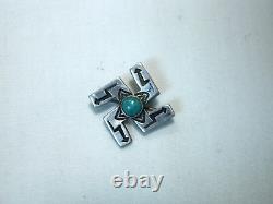 Art Deco Southwest Navajo Sterling Silver Turquoise Stamped Whirling Log Brooch