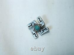 Art Deco Southwest Navajo Sterling Silver Turquoise Stamped Whirling Log Brooch