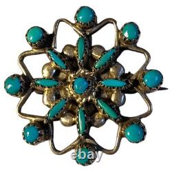 Astute 1970s Needlepoint Blue Gem Nevada Turquoise Sterling Silver Zuni Brooch