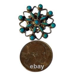Astute 1970s Needlepoint Blue Gem Nevada Turquoise Sterling Silver Zuni Brooch