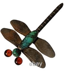 Astute NAVAJO sterling silver dragonfly Amber Darling Darlene Turquoise brooch