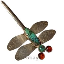Astute NAVAJO sterling silver dragonfly Amber Darling Darlene Turquoise brooch
