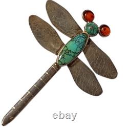 Astute NAVAJO sterling silver dragonfly Amber Darling Darlene Turquoise brooch
