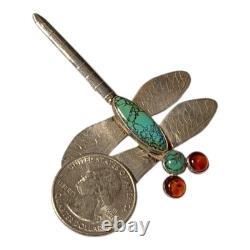 Astute NAVAJO sterling silver dragonfly Amber Darling Darlene Turquoise brooch
