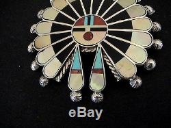 Auth. Native American Indian Zuni Inlay Silver/Multi Inlay Sunface Pin/Unkestine