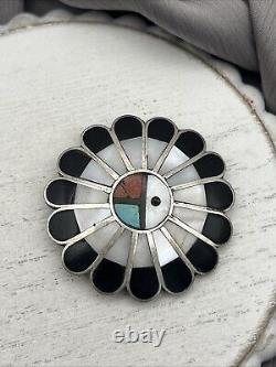 Authentic Vintage Navajo Zuni Turquoise Coral Sterling Silver Brooch