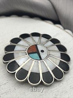 Authentic Vintage Navajo Zuni Turquoise Coral Sterling Silver Brooch