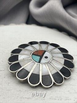 Authentic Vintage Navajo Zuni Turquoise Coral Sterling Silver Brooch