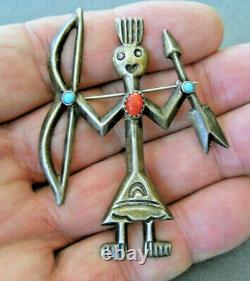 BEGAY Native American Warrior Yei Turquoise Coral Sterling Silver Pin Brooch