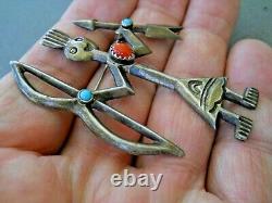 BEGAY Native American Warrior Yei Turquoise Coral Sterling Silver Pin Brooch