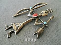 BEGAY Native American Warrior Yei Turquoise Coral Sterling Silver Pin Brooch