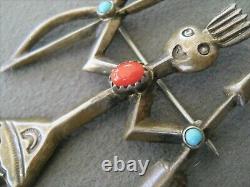 BEGAY Native American Warrior Yei Turquoise Coral Sterling Silver Pin Brooch