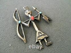 BEGAY Native American Warrior Yei Turquoise Coral Sterling Silver Pin Brooch