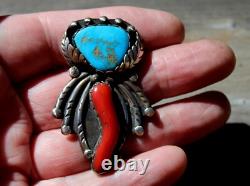BIG Old Pawn Navajo Sterling Silver & Turquoise Stone & Branch Coral Brooch Pin