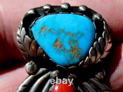 BIG Old Pawn Navajo Sterling Silver & Turquoise Stone & Branch Coral Brooch Pin
