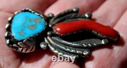 BIG Old Pawn Navajo Sterling Silver & Turquoise Stone & Branch Coral Brooch Pin