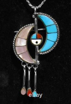BIG Signed Zuni 925 Silver Pink Mop Turquoise Sunface Crescent Moons Pendant Pin