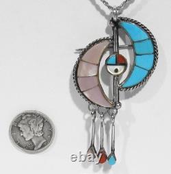BIG Signed Zuni 925 Silver Pink Mop Turquoise Sunface Crescent Moons Pendant Pin