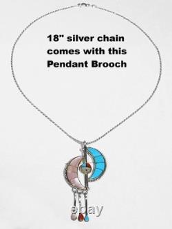 BIG Signed Zuni 925 Silver Pink Mop Turquoise Sunface Crescent Moons Pendant Pin