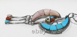 BIG Signed Zuni 925 Silver Pink Mop Turquoise Sunface Crescent Moons Pendant Pin