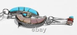 BIG Signed Zuni 925 Silver Pink Mop Turquoise Sunface Crescent Moons Pendant Pin