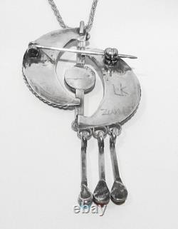 BIG Signed Zuni 925 Silver Pink Mop Turquoise Sunface Crescent Moons Pendant Pin