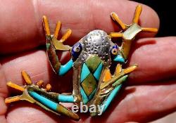 BIG Zuni Sterling Silver FROG Pendant/Brooch Turquoise Lapis Spiny Oyster Shell