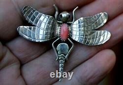 Beautiful Frank Yazzie Navajo Sterling Silver & Pink Coral DRAGONFLY Brooch Pin