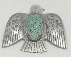 Best Sterling Silver Thunderbird Broach With Green Spiderweb Turquoise Navajo H5