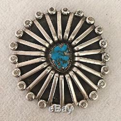 Big Heavy Vintage 1940s NAVAJO Sterling Silver & MORENCI TURQUOISE Pin Brooch