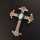Big Old Sterling Native American Sand Cast Turquoise Cross Pin Or Pendant Aje