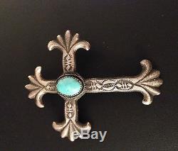 Big Old Sterling Native American Sand Cast Turquoise Cross Pin or Pendant AJE
