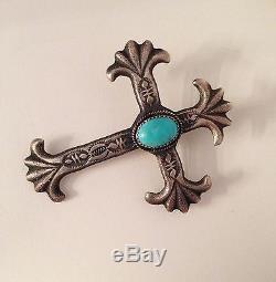 Big Old Sterling Native American Sand Cast Turquoise Cross Pin or Pendant AJE
