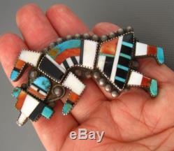Big Old Zuni Sterling Turquoise MOP Jet Spiny Oyster Rainbow Man Pin Brooch