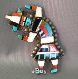Big Old Zuni Sterling Turquoise MOP Jet Spiny Oyster Rainbow Man Pin Brooch