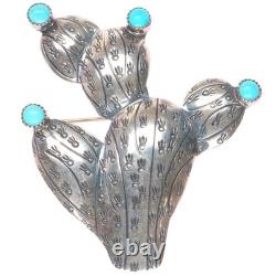 Big Vintage Navajo sterling silver Saguaro cactus pin/brooch withturquoise