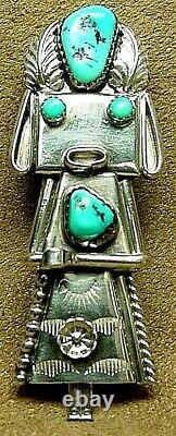 Big Vintage Old Pawn Navajo Sterling Silver Turquoise Kachina Pin Pendant Signed