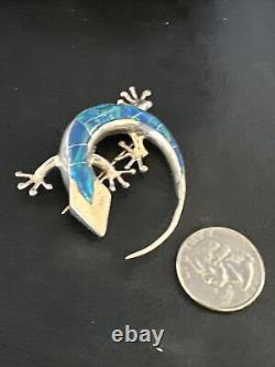 Blue Opal Gecko Lizard Navajo Sterling Silver Inlay Pin Pendant 15194