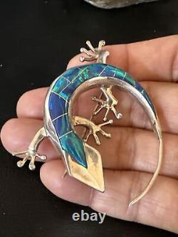 Blue Opal Gecko Lizard Navajo Sterling Silver Inlay Pin Pendant 15194