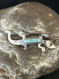 Blue Turquoise Navajo Sterling Silver Inlay Gecko Lizard Pin 18156