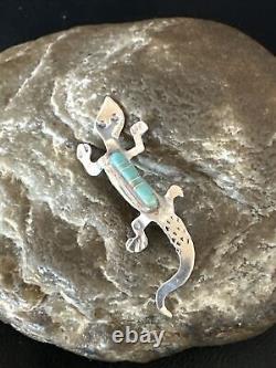 Blue Turquoise Navajo Sterling Silver Inlay Gecko Lizard Pin 18156