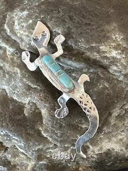 Blue Turquoise Navajo Sterling Silver Inlay Gecko Lizard Pin 18156