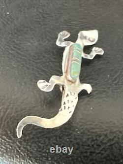 Blue Turquoise Navajo Sterling Silver Inlay Gecko Lizard Pin 18156