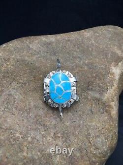 Blue Turquoise ZUNI Native American Sterling Silver Turtle Pin Pendant Set 2805