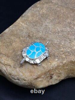 Blue Turquoise ZUNI Native American Sterling Silver Turtle Pin Pendant Set 2805