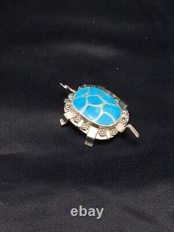 Blue Turquoise ZUNI Native American Sterling Silver Turtle Pin Pendant Set 2805