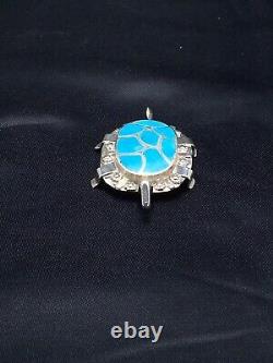 Blue Turquoise ZUNI Native American Sterling Silver Turtle Pin Pendant Set 2805