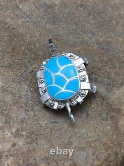 Blue Turquoise ZUNI Native American Sterling Silver Turtle Pin Pendant Set 2805